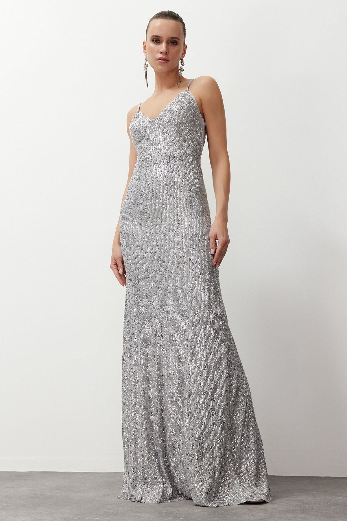 Grey Sequin Long Night Evening Dress Tprss24ae00036