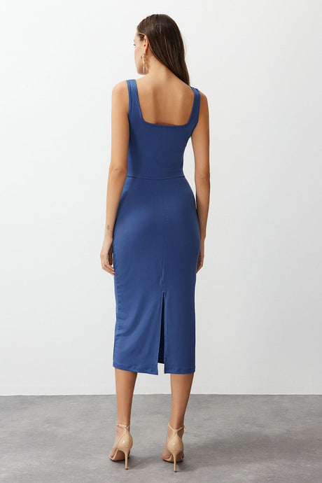 Indigo Body-fitting Degaje Neckline Flexible Knit Midi Pencil Dress Twoss24el00588