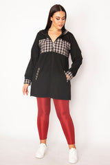 Women's Plus Size Black Plaid Pattern Detailed Hooded Coat 65n29568 65n29568