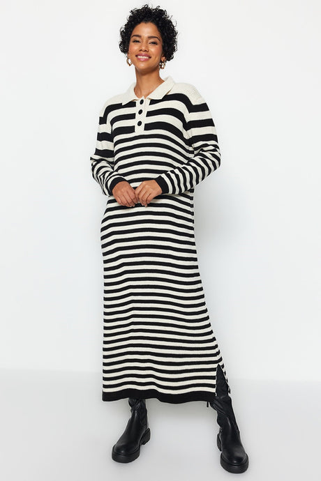 Black Polo Neck Striped Knitwear Dress Tctaw24eb00026