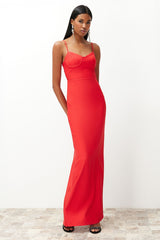 Red Chest Detailed Body Sitting Long Night Evening Dress Tprss24ae00115