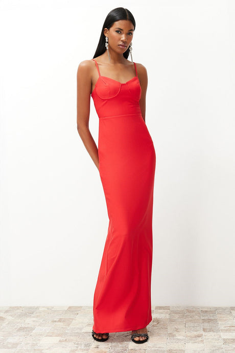 Red Chest Detailed Body Sitting Long Night Evening Dress Tprss24ae00115