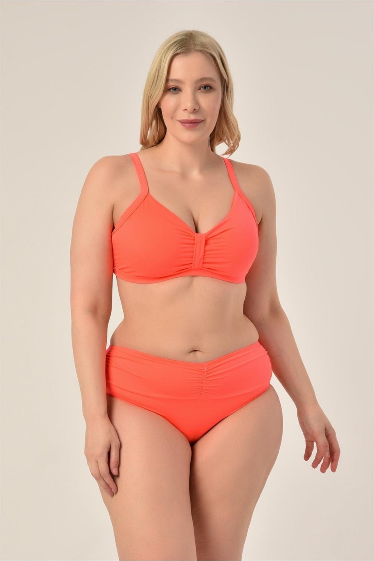 Women's Neon Orange Plus Size Booster Slip Ruffle Stylish Bikini Set 20231989