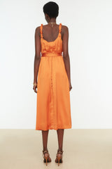 Orange Belted Woven Satin Elegant Evening Dress Tprss22ae0047 Tprss19bb0283