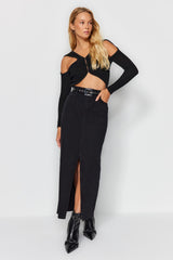 Black Slit Maxi Denim Skirt Twoss23et00290