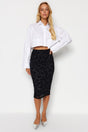 Black Flock Printed Tulle Lined Pencil Midi High Waist Flexible Knitted Skirt Twoaw24et00163