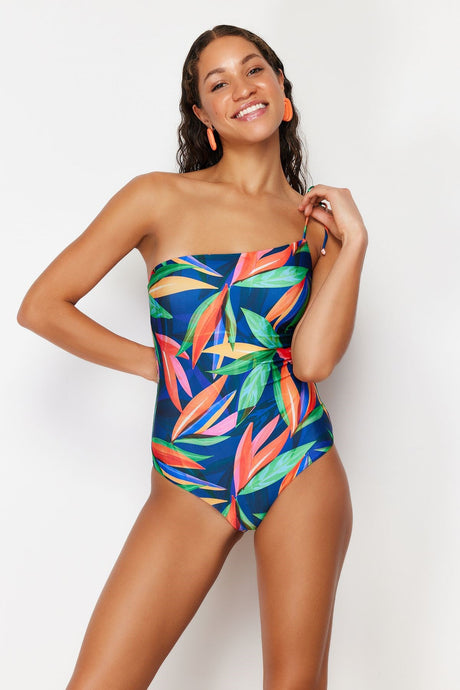 Tropical Print One Shoulder Tie Regular Swimsuit Tbess24ma00151