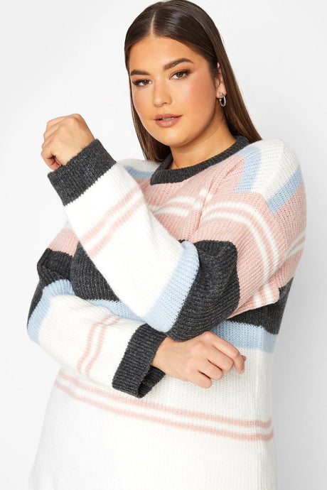 Plus Size Striped Round Neck Slit Detailed Knitwear Sweater 301831