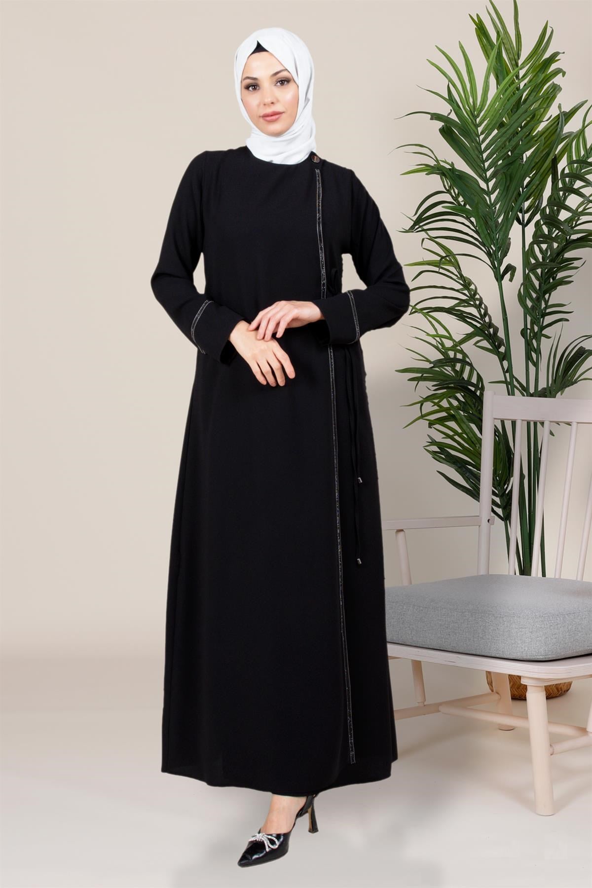 Slate Adhesive Stone Detailed Double Breasted Closure Hijab Black Dress 5383 T23el3m5383