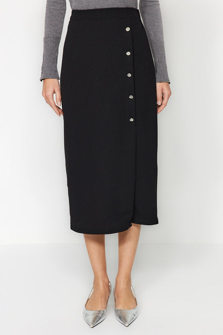 Black Smart Crepe Button Detailed High Waist Midi Pencil Flexible Knitted Skirt Twoss23et00320