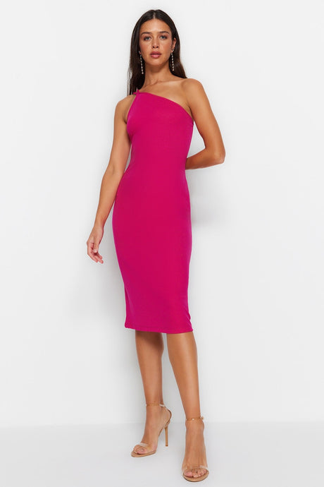 Fuchsia One Shoulder A-line Midi Smart Crepe Strappy Knitted Dress Twoss23el02303