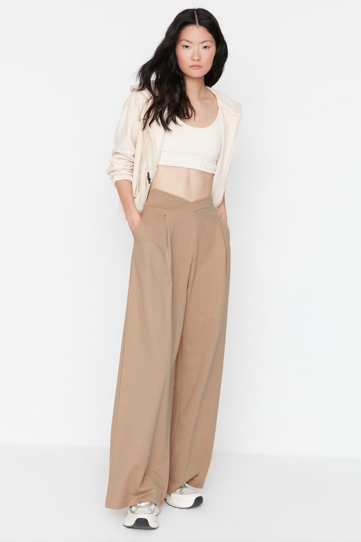 Black Print Detailed Wide Leg/casual Cut Asymmetrical Waist Knit Pants Twoaw23pl00389