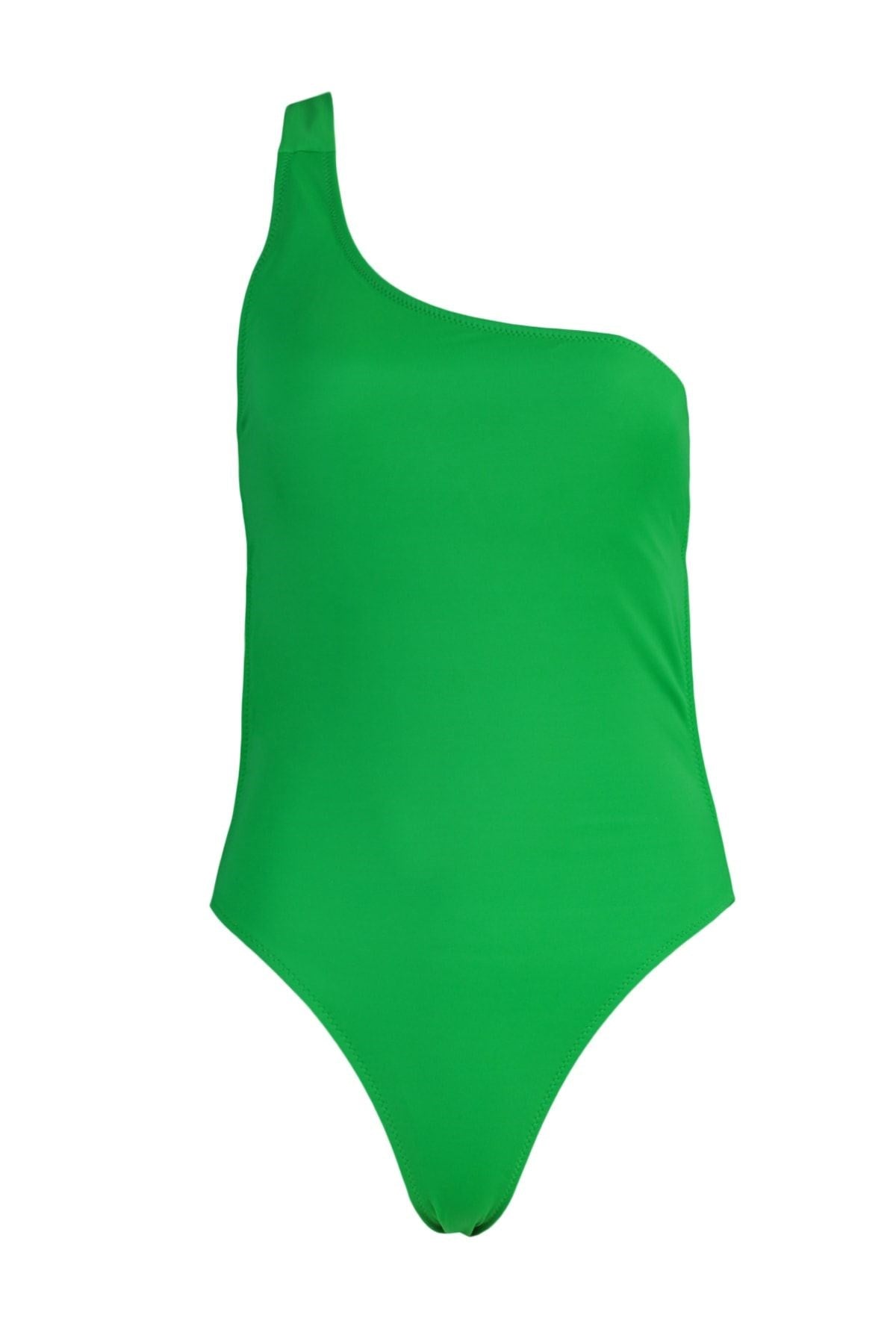 Green One Shoulder Back Halter High Leg Swimsuit Tbess23ma00081