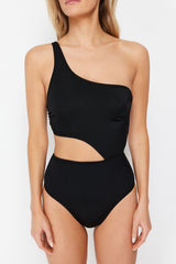 Black One Shoulder Cut Out/window Regular Swimsuit Tbess24my00005