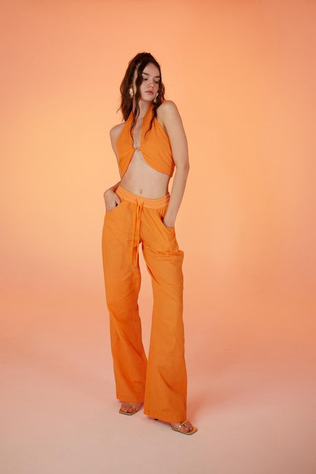 Cotton Fabric Strap Loose Fit Rise Pants Orange Hlrisepantolon