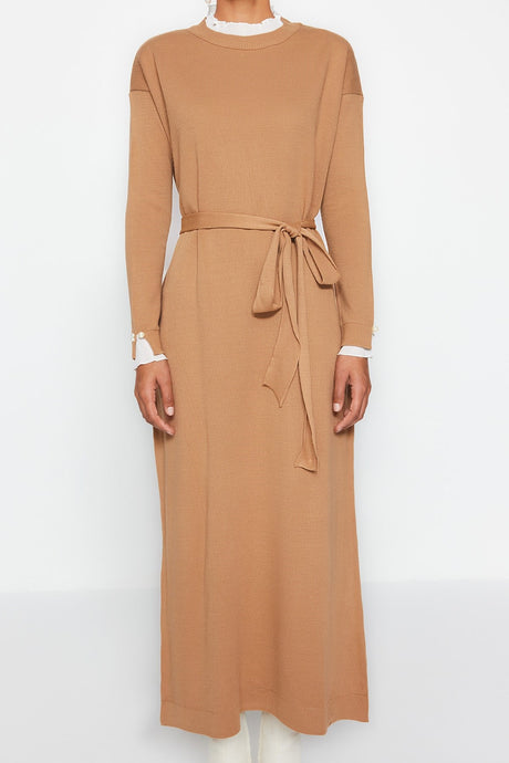 Camel Pearl Detailed Knitwear Dress Tctaw24eb00001