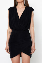 Black Silvery V Neck Knitted Dress Tprss24el00191