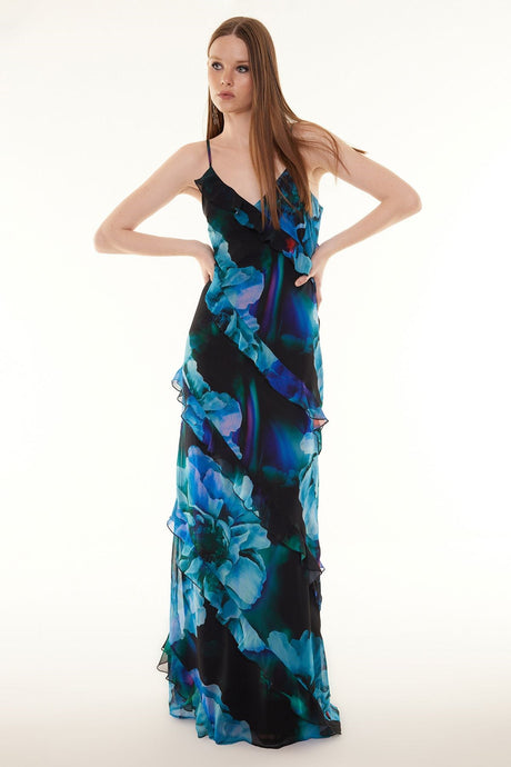 Multicolor Ruffle Long Night Evening Dress Tprss24ae00045