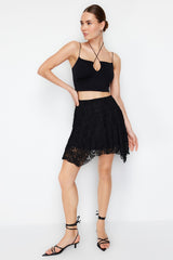 Black Asymmetric High Waist Lace Mini Knitted Skirt Twoss24et00087