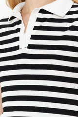 Black Striped Striped Polo Collar Body Fit Ribbed Stretchy Twoss24el01011