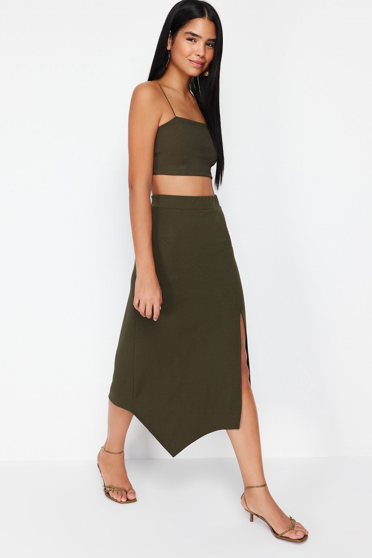 Khaki Asymmetric Cut And Slit Detail Maxi Skirt Twoss24et00043