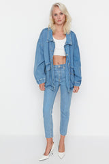 Blue Pocket Detailed Oversize Denim Jacket Twoss21ce0289