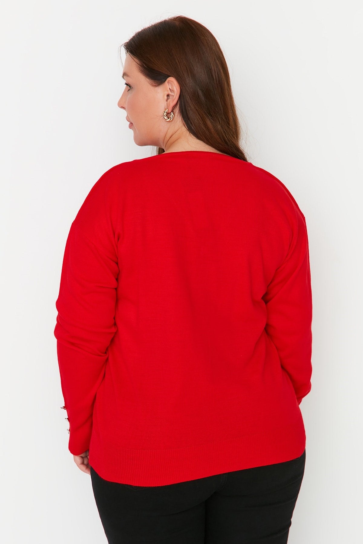 Red V Neck Button Detailed Knitwear Sweater Tbbaw23an00043