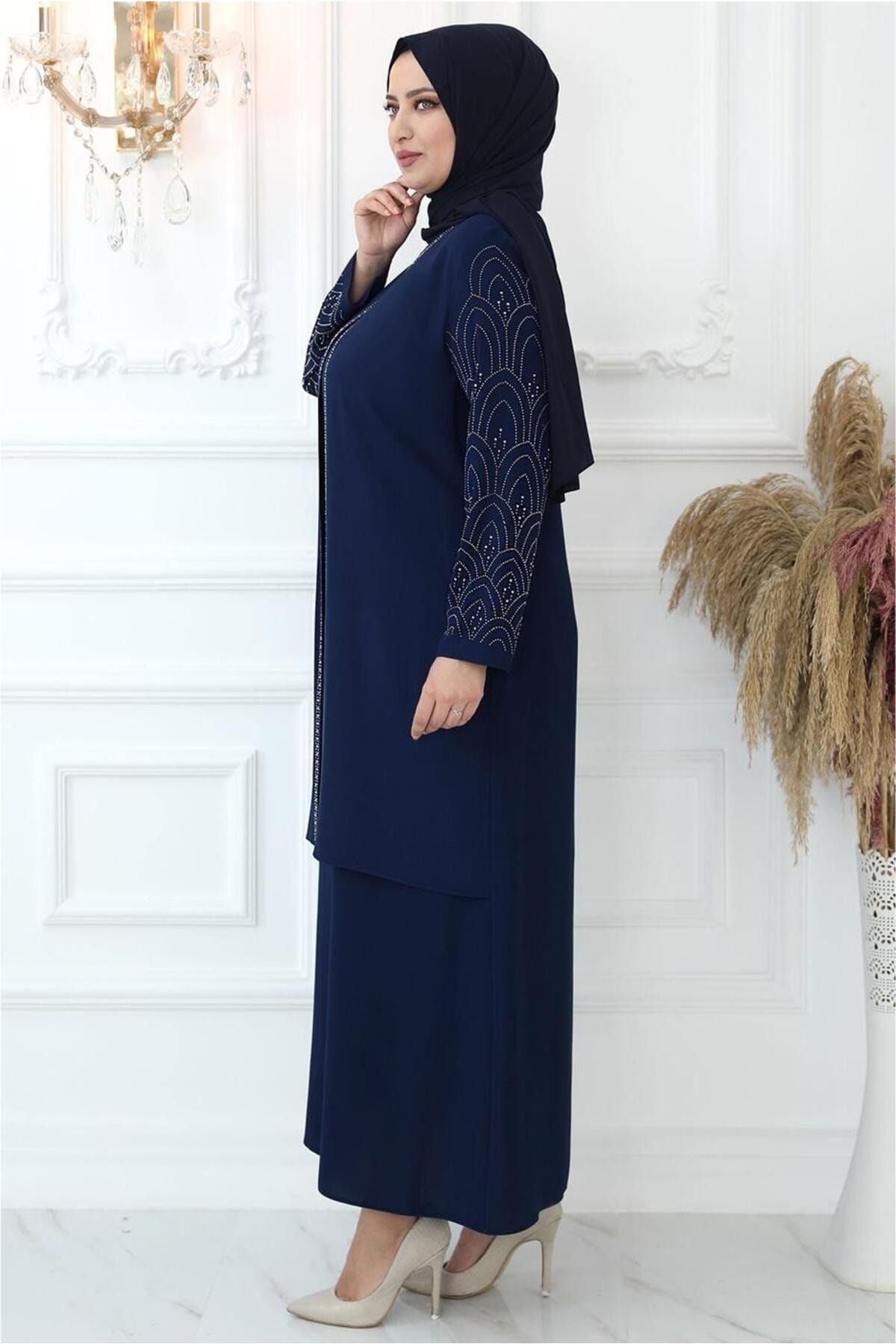 Women's Navy Blue (indigo) Sleeve And Collar Stone Embroidered Evening Dress T 4621 23yabltr4621