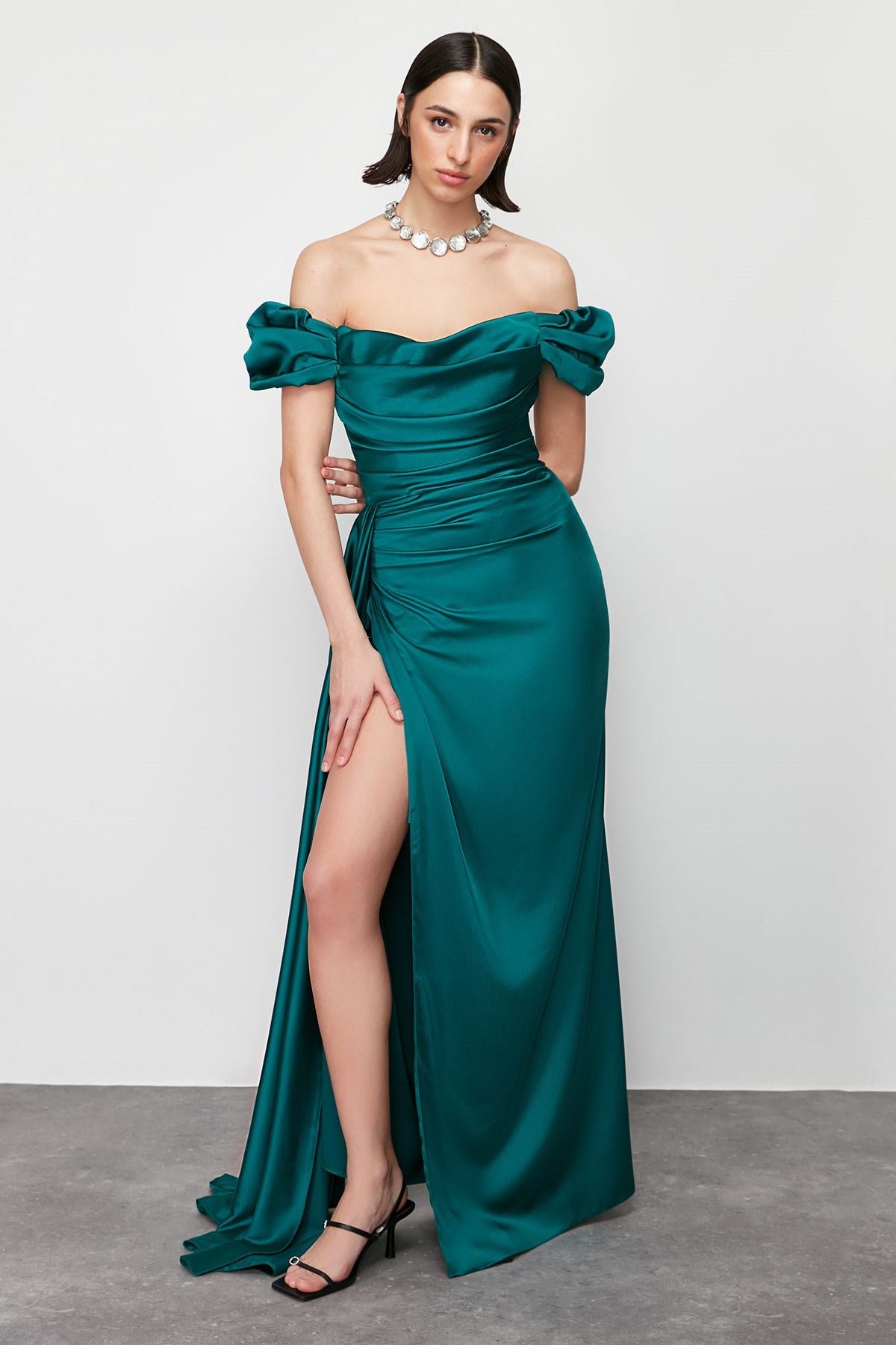 Emerald Green Draped Satin Long Evening Dress Tprss24ae00113