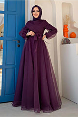 Women Purple Belted Tulle Evening Dress Dress T 4693 22yabltr4693