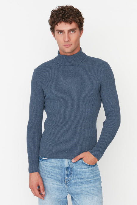 Grey Men's Slim Fit Turtleneck Ribbed Knit Basic Sweater Tmnaw20mg0031