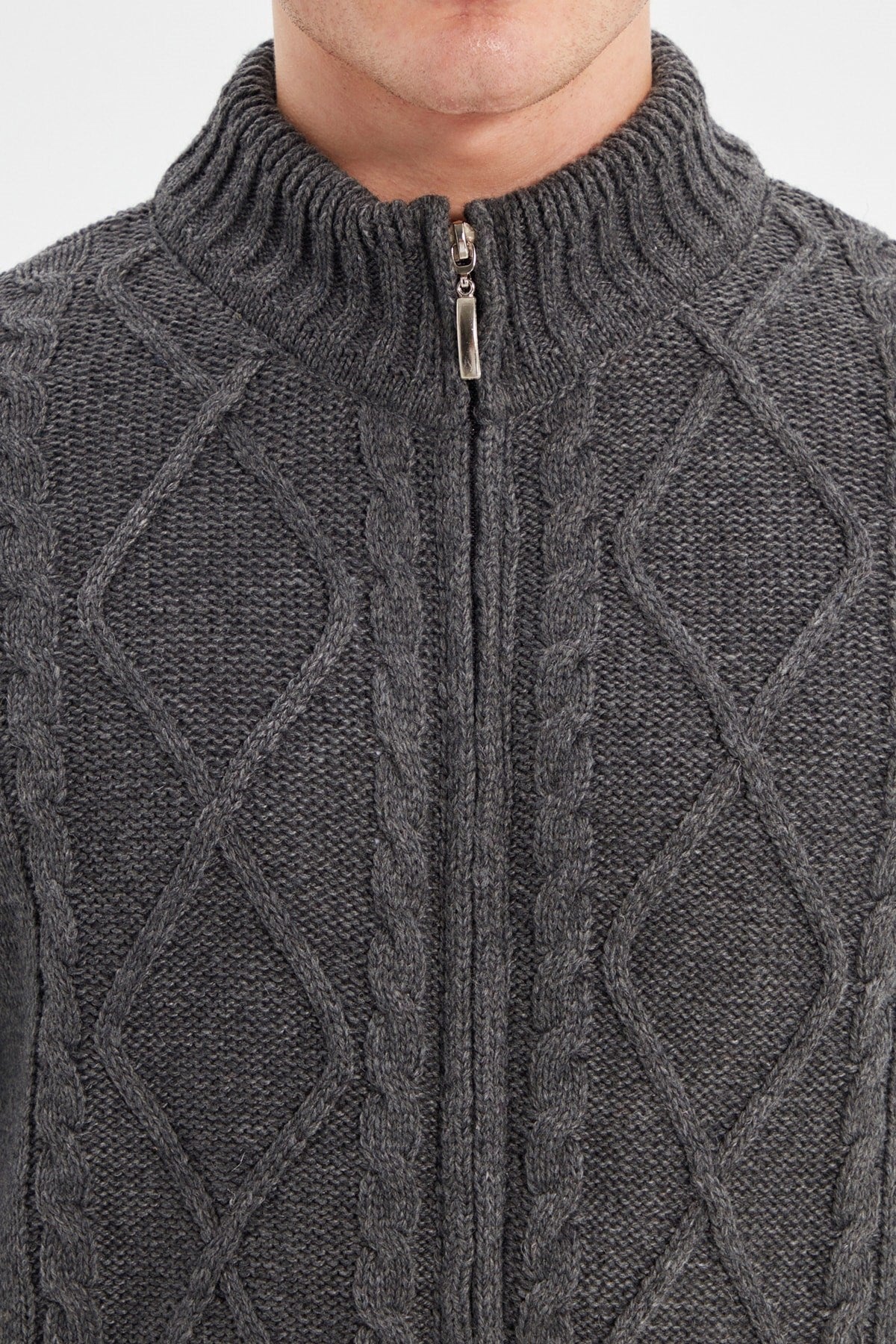 Anthracite Men's Slim Fit Knit Detailed Zipper Pocket Knitwear Cardigan Tmnaw21hi0349