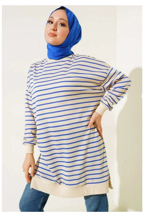 Two Strand Hijab Tunic Striped Sweatshirt Autumn546