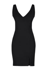 Black Body Fitting V Neck Slit Detailed Mini Woven Dress Twoss23el02036