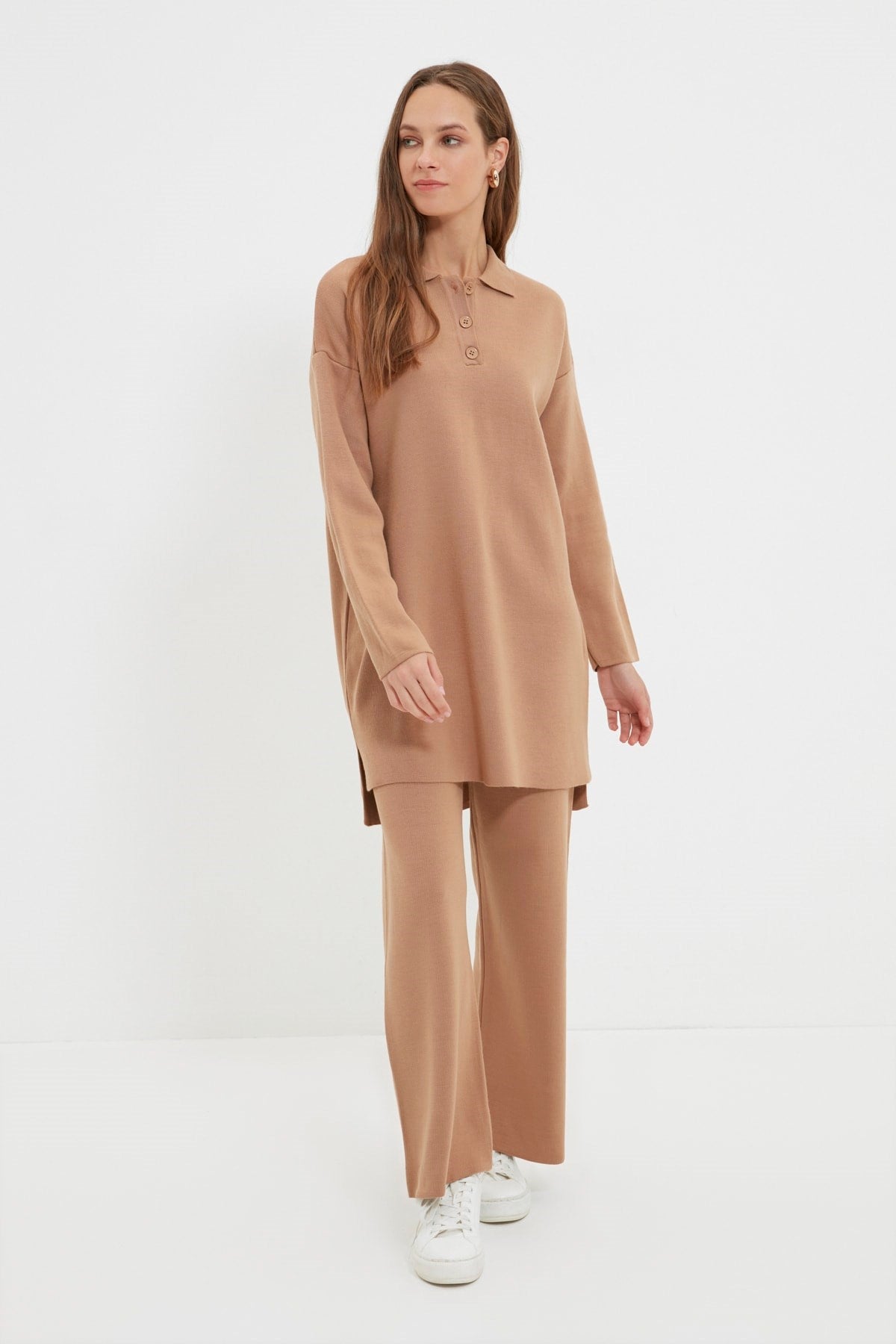 Camel Polo Neck Tunic-pants Knitwear Suit Tctaw22us0076