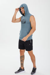 Men's Blue Cotton Plain Printed Pocket Hooded Sleeveless Casual Sports Zero Sleeve Athlete T-shirt T