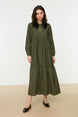 Khaki Ruffle Detailed Cotton Wide Pattern Woven Dress Tctss21el3406