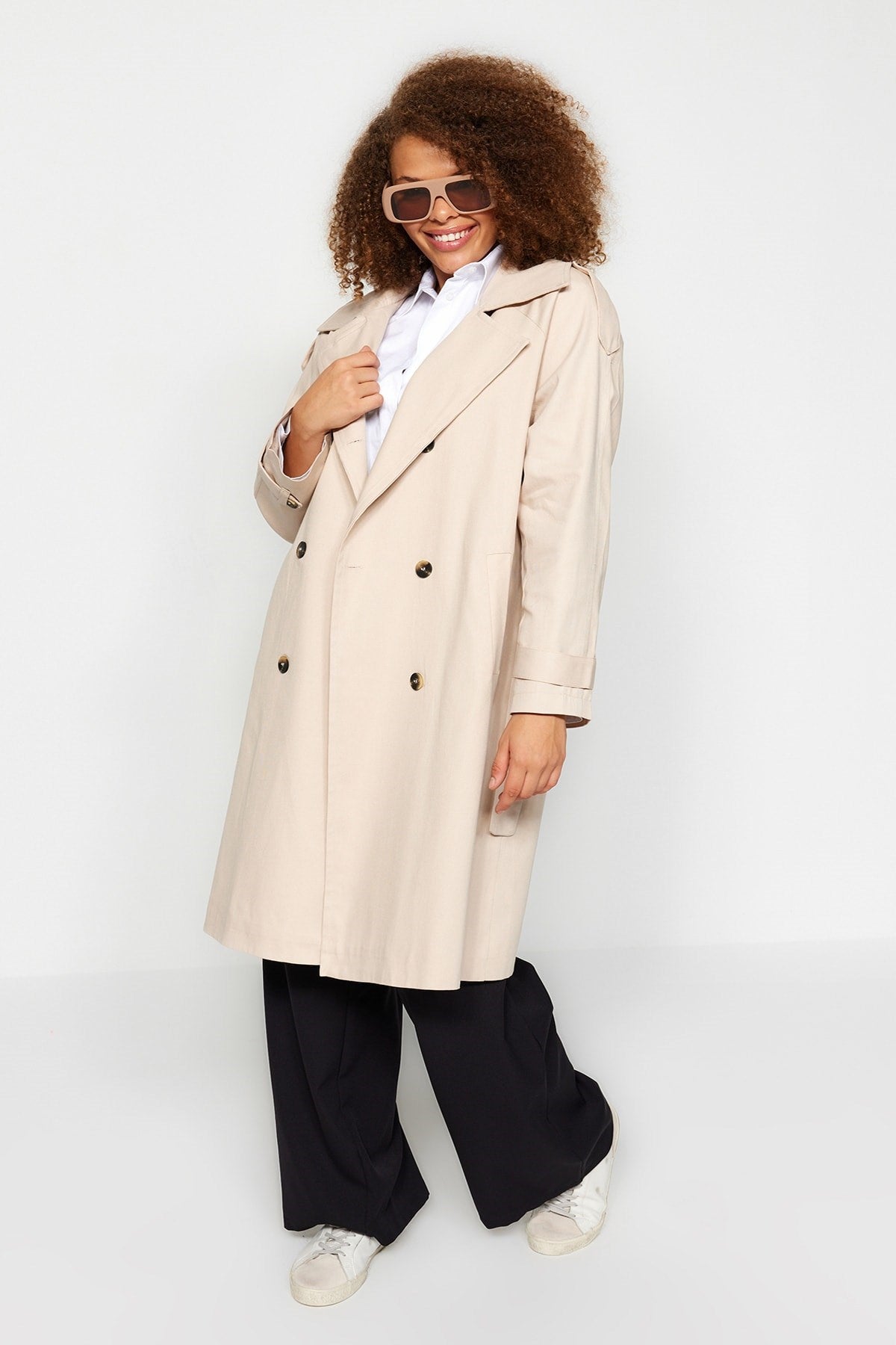 Beige Waist Belted Gabardine Trench Coat Tbbaw24bm00002