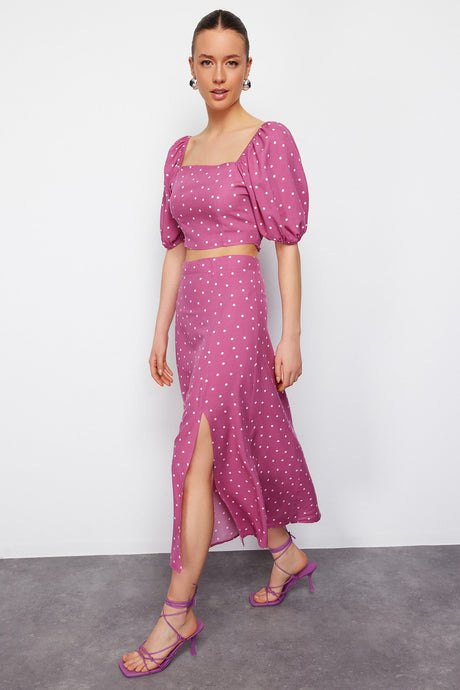 Lilac Polka Dot Slit Midi Viscose Woven Bottom Top Suit Twoss20au0097