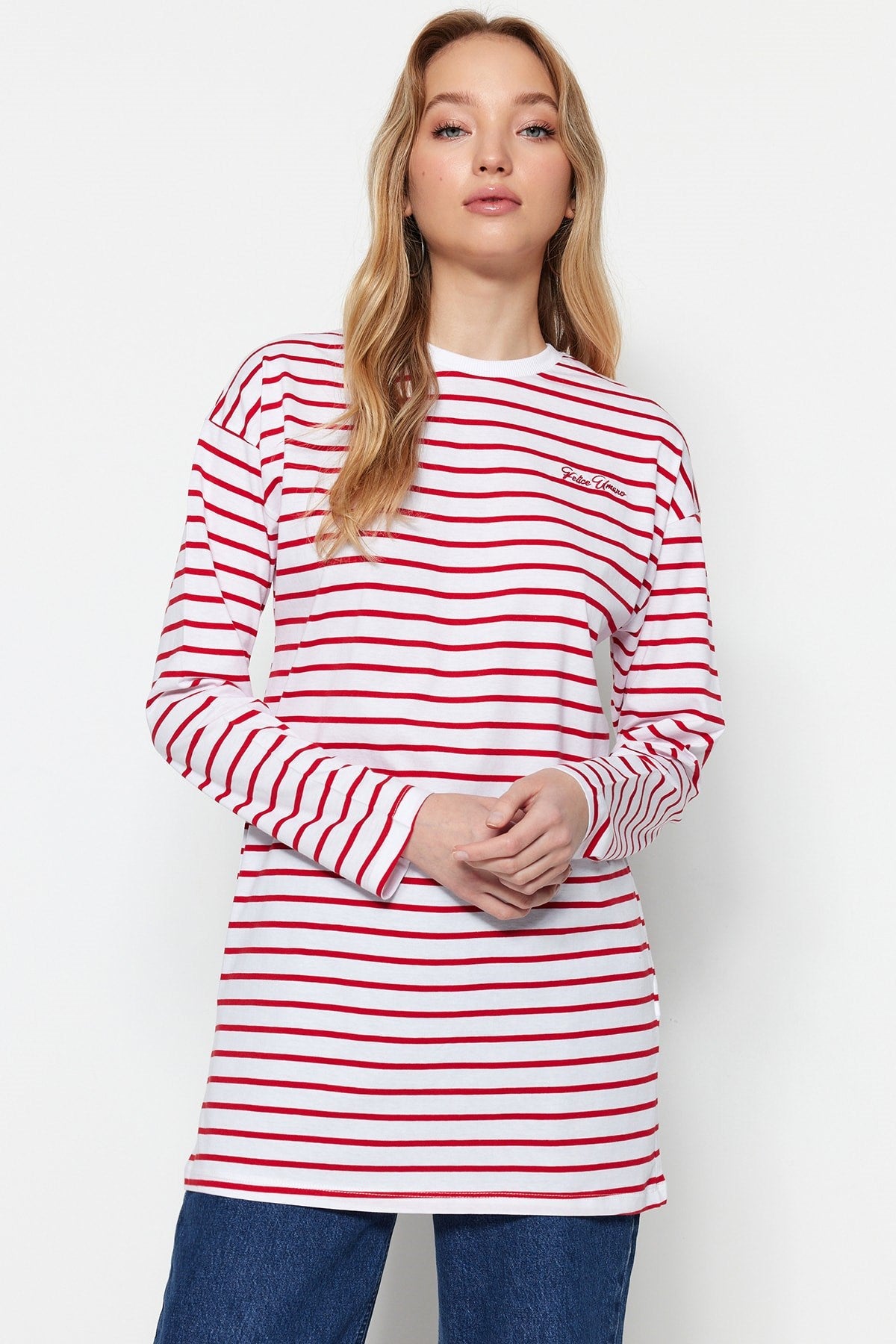 Red Striped Embroidery Detailed Knitted Tunic Tctss23uk00034