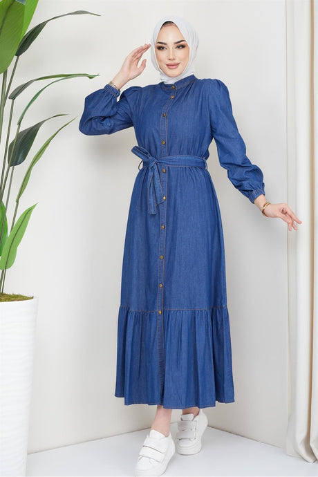 Denim Dress With Frill Frills Dark Blue 2093