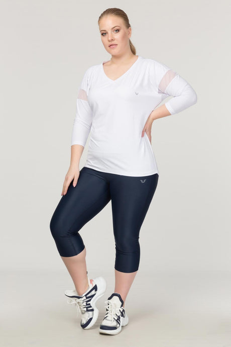 Women's Plus Size White V Neck Workout Long Sleeve Sweatproof Casual And Sports Bodysuit T-shirt 176