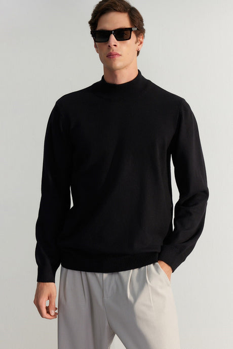 Black Mens Regular Fit Half Turtleneck Viscose Soft Limited Edition Basic Knitwear Sweater Tmnaw24kz