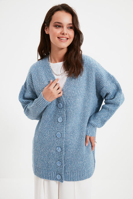 Blue Buttoned V Neck Knitwear Cardigan Tctaw22hi0397