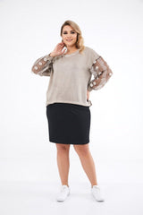 Women's Beige Sleeve Tulle Embroidered Sweat Sea-sw2006