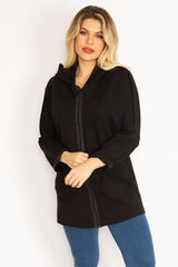 Women Plus Size Black Front Zipper Pocket And Hooded Coat 65n35108 65n35108