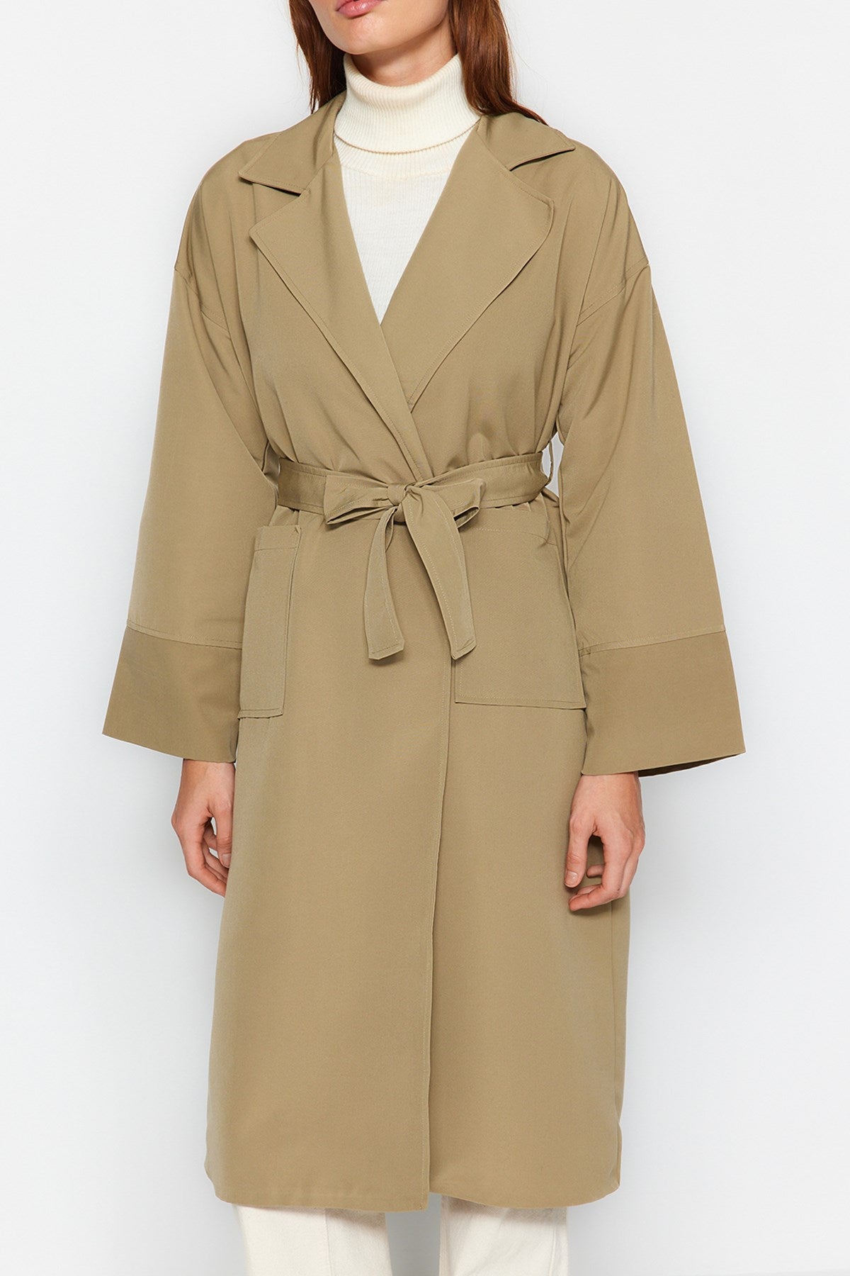 Beige Oversize Wide Cut Belted Sleeve Detailed Pockets Water Repellent Long Trench Coat Twoaw24tr000