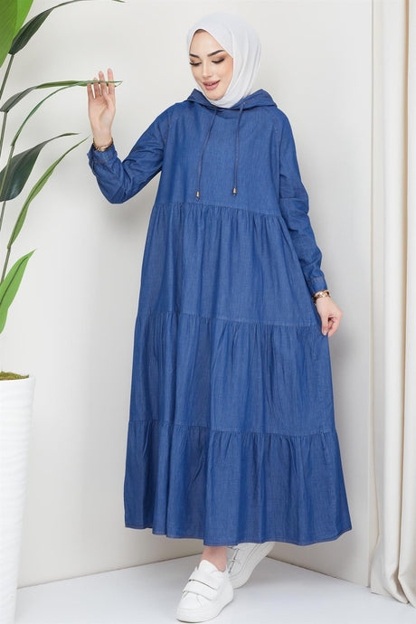 Hooded Detailed Denim Dress Dark Blue 2096