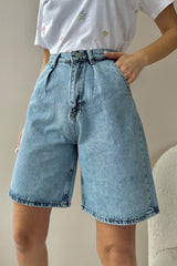 Women's Beige High Waist Wide Leg Bermuda Denim Shorts Alc-x8174