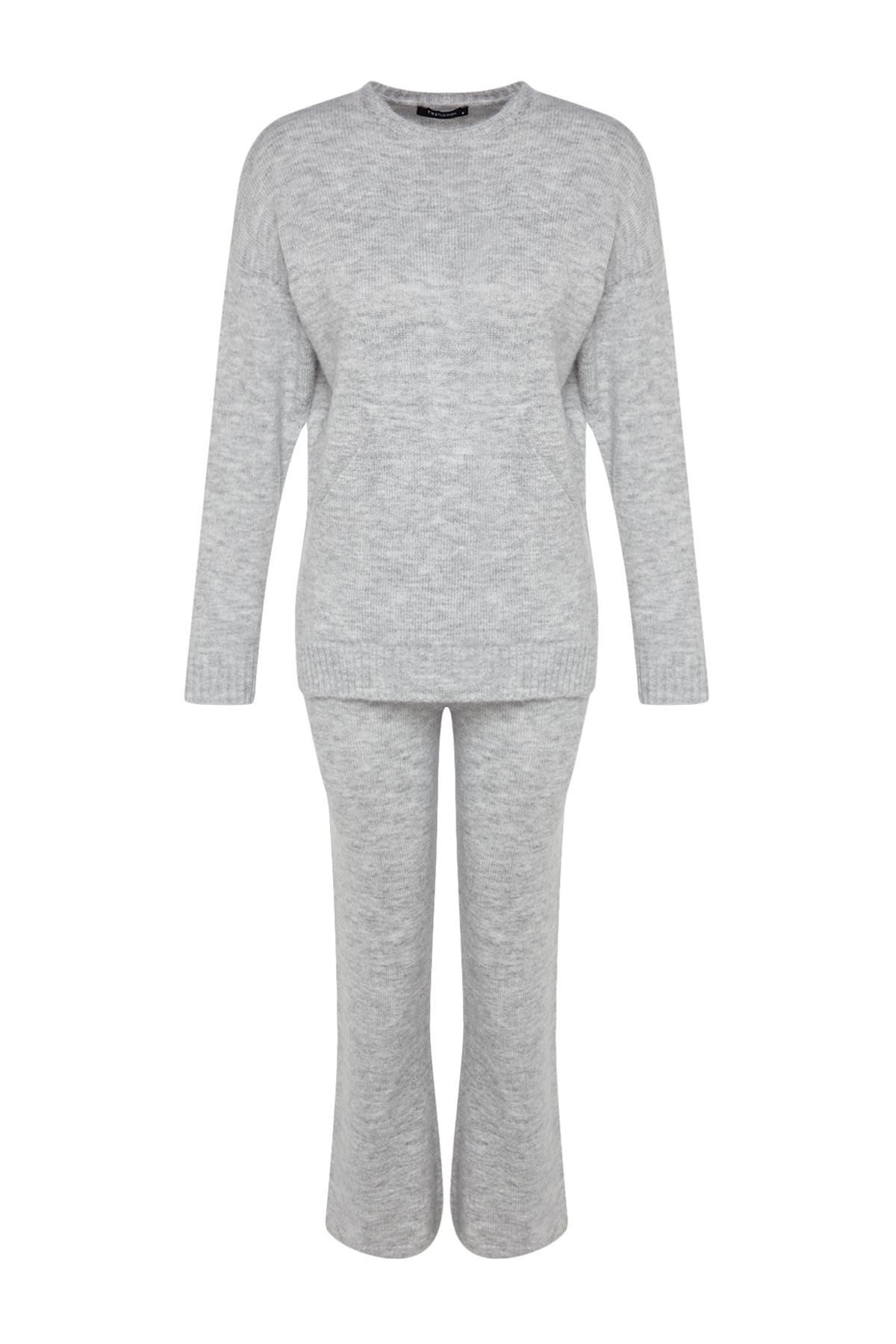 Grey Soft Textured Basic Knitwear Bottom-top Suit Twoaw24au00100